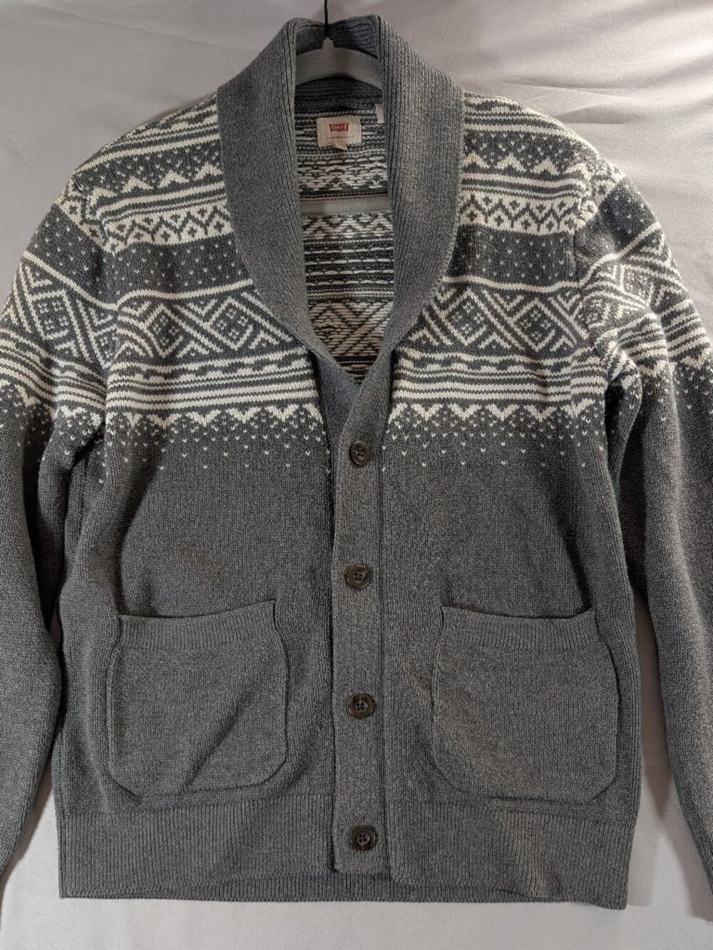 Levi's Gray Fair Isle Shawl Collar Cardigan Sweater Size Large
